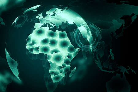 Digital screen with media icons and earth template at green background. Global communication...