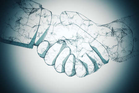Abstract polygonal handshake on gray background. AI and teamwork concept. 3D Renderingの写真素材