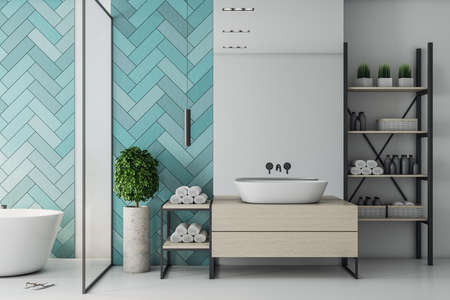 Modern turquoise  bathroom interior with white marble bath and decorative silver blank wall. Style...