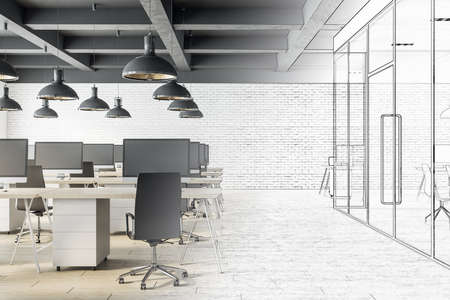 Drawing office interior with open space and computers. Workplace and company concept. 3D Rendering