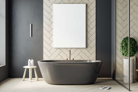 Bathroom with blank billboard on wall and self care products. Style and hygiene concept. Mock up. 3d renderingの写真素材
