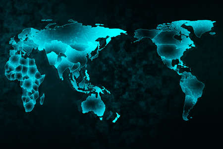 Global communication concept with digital screen, computer icons and world map template at dark background. 3D Renderingの写真素材
