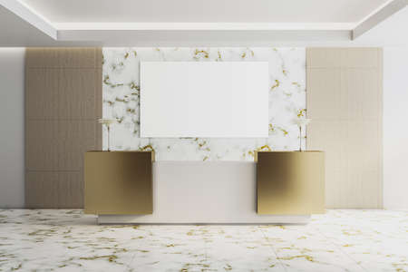 Luxury hotel hall with reception table and blank poster on wall. Workplace and corporate concept. Mock up, 3D Renderingの写真素材