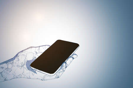 Futuristic polygonal hand holding empty smartphone on blue background. Technology and communication...