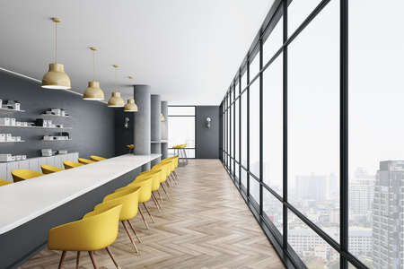 Contemporary meeting room with city view and yellow chairs. Workplace and lifestyle concept. 3D...