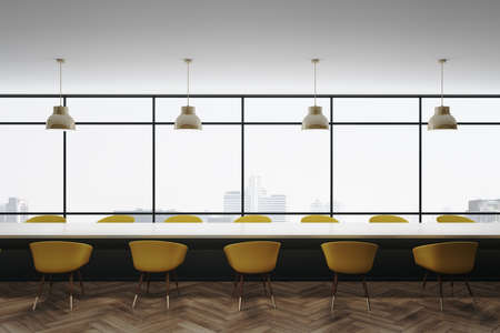 Bright concrete office interior with city view, daylight, wooden floor, furniture and yellow chairs....