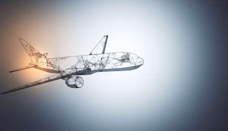 Abstract polygonal airplane on gray background. AI and teamwork concept. 3D Renderingの写真素材