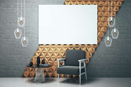 Contemporary home interior with armchair, table and blank poster on wall. Presentation concept. 3D...