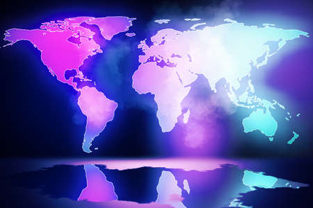 Creative glowing world map with reflection on blue background. AI and global data concept. 3D Renderingの写真素材