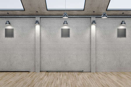 Contemporary brick warehouse interior with wooden floor and blank wall. Design and style concept. Mock up, 3D Renderingの写真素材