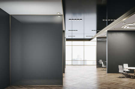 Modern office interior with meeting tables and panoramic city view. Workplace and company concept. 3D Renderingの写真素材