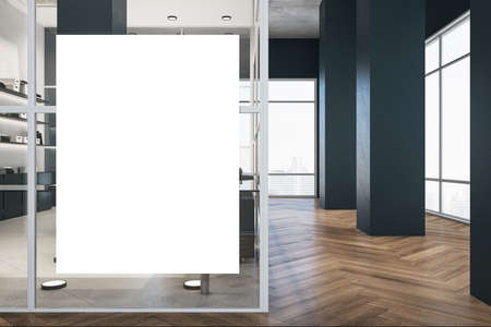 Glass office interior with blank poster and shelf with books. Workplace and company concept. 3D...