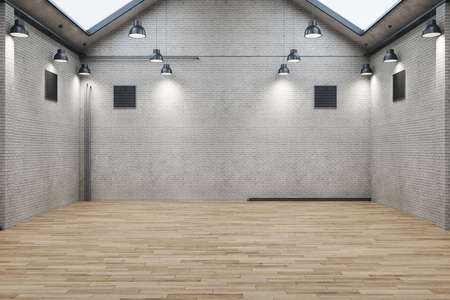 Contemporary brick warehouse interior with wooden floor. Design and style concept. Mock up, 3D Renderingの写真素材
