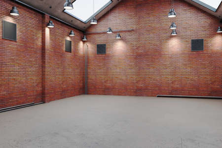 Modern warehouse interior with red brick and daylight. Industrial and exhibition concept. 3D Renderingの写真素材