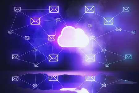 Glowing cloud with map and email network. Cloud computing and database concept. 3D Renderingの写真素材