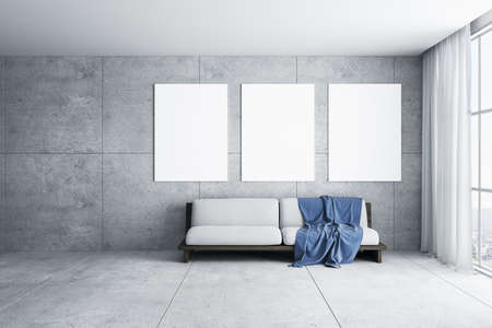 Luxury living room with sofa, curtains and blank three banners on wall. Design and style concept. 3D Renderingの写真素材