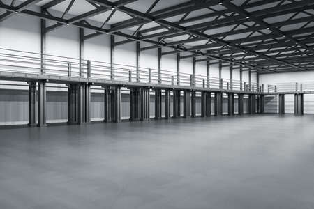 Modern large showroom with metal balcony and concrete floor. Design and style concept. Mock up, 3D...
