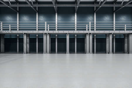 Minimalistic large showroom with metal balcony. Design and style concept. Mock up, 3D Renderingの写真素材