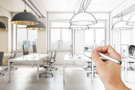 Hand drawn meeting room office interior with city view and daylight. Architecture and drawing concept.の写真素材
