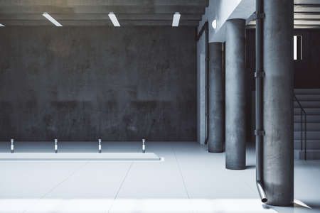 Minimalistic empty parking garage underground. Urbanization and transport concept. 3D Rendering