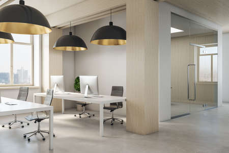 Contemporary co working office interior with city view and furniture. Workplace and company concept. 3D Renderingの写真素材