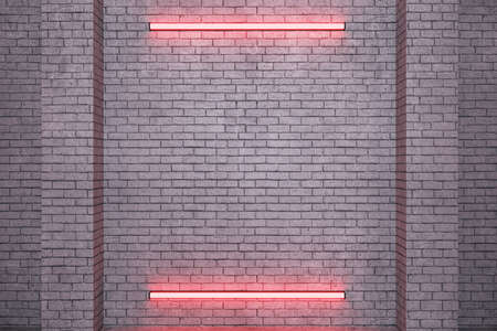 Brick room with red lamps on blank wall. Performance and presentation concept. Mock up. 3D Renderingの写真素材