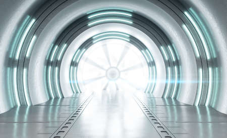 White futuristic tunnel interior with neon lamps. Future and design concept. Mock up. 3D Renderingの写真素材