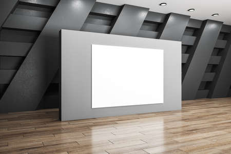 Gallery interior with wooden floor and blank banner on wall. Performance and presentation concept. Mock up. 3D Renderingの写真素材