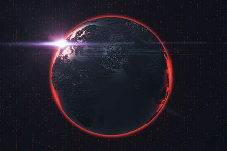 Globe with red halo on binary code background.
