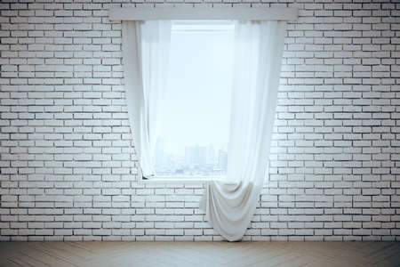 Modern light empty room with blank brick wall, white curtain and window with city view. 3D Rendering