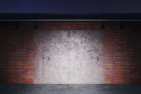 Red brick wall with closed garage door. Transport and protection concept. 3d rendering