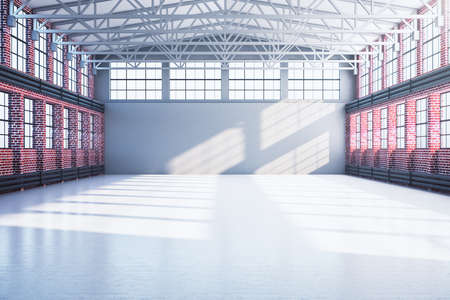 Modern hangar interior with red brick walls and daylight. Industrial and exhibition concept. 3D...