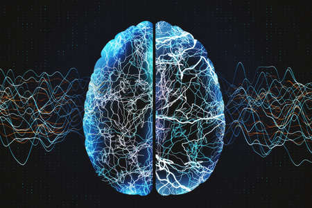 Abstract glowing blue brain with color lines on dark background. AI and future concept. 3D Renderingの写真素材