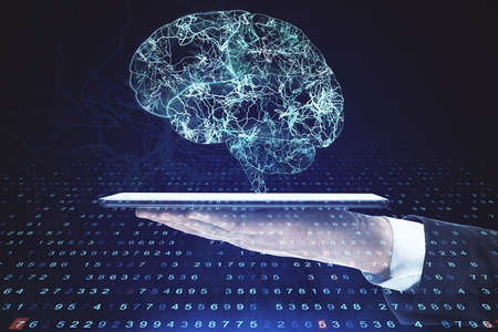 Hand holding digital tablet with creative brain and lines. Artificial intelligence and innovation...