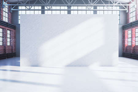 Modern red brick hangar interior with blank poster. Gallery and presentation concept. Mock up, 3D...