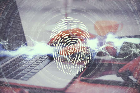 Hands using laptop with glowing finger print and data protection interface. Access, password and protection concept.の写真素材