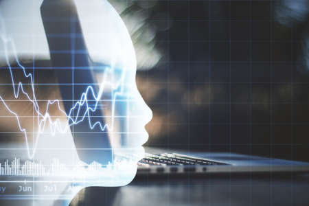 Laptop computer with glowing head with forex chart interface. AI and invest concept.