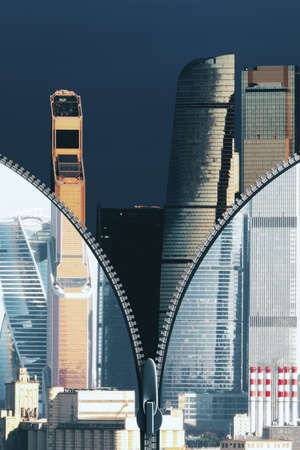 Moscow city skyline at night and day. Architecture and travel concept