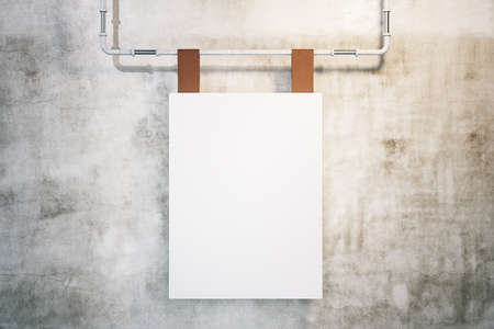 Blank banner hanging on metal pipe on concrete wall background. Mock up, 3D Rendering