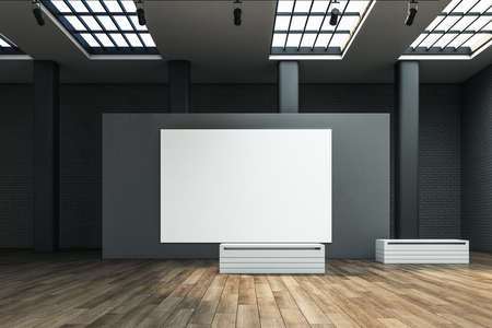 Modern exhibition interior with blank banner on wall and bench. Gallery concept. Mock up, 3D...