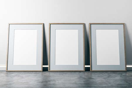 Three empty banners on interior wall. Museum and exhibition concept. Mock up, 3D Renderingの写真素材
