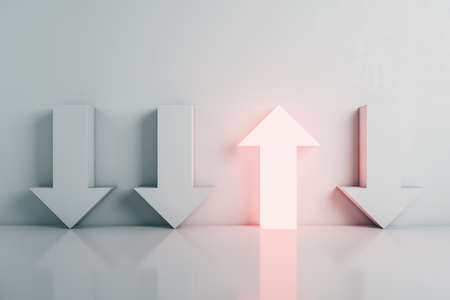 Glowing arrow lamp and three down arrow on gray background. Leadership and Idea concept. 3D Renderingの写真素材