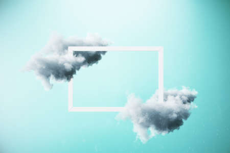 Blank white photo frame on blue background with abstract clouds. Presentation concept. Mock up, 3D...