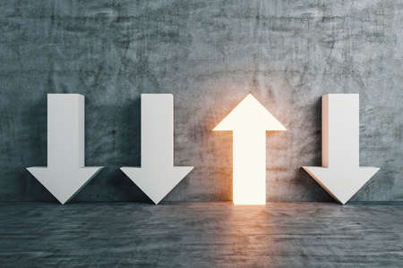 Glowing lighting arrow and three down arrow on concrete background. Leadership and Idea concept. 3D...