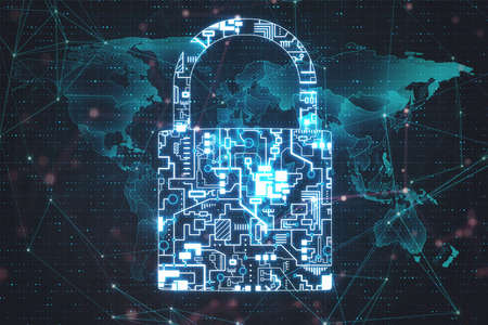Glowing business interface with digital lock and world map background. Safety and protection...