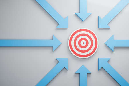 Blue arrows pointing to target. Leadership and success concept. 3D Renderingの写真素材