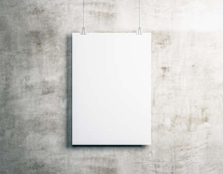 White billboard hanging on concrete wall background. Museum and exhibition concept. Mock up, 3D Renderingの写真素材
