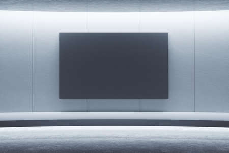 Futuristic concrete interior with empty black poster on wall. Performance and presentation concept....