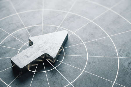 Metal arrow on abstract gray wall. Leadership and Idea concept. 3D Rendering