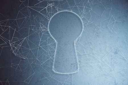 Blue digital keyhole interface on polygonal background. Safety and security concept. 3D Renderingの写真素材